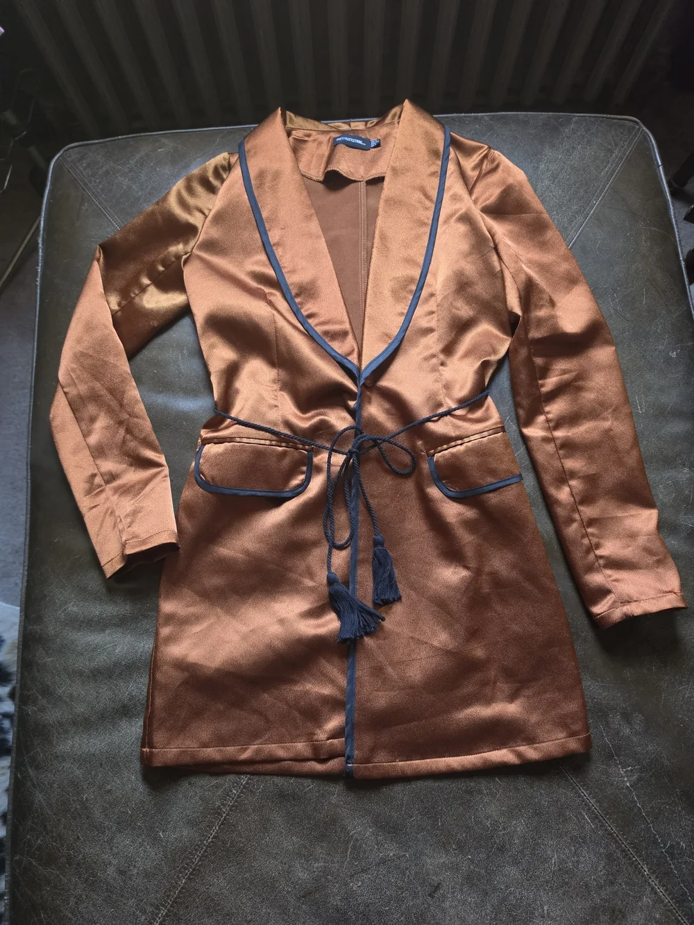 PrettyLittleThing Rust/Copper Satin Blazer Dress Contrast Piping Rope Belt NWOT